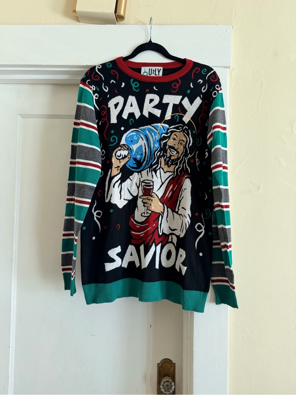 Ugly Christmas Sweater Party Savior Crewneck - Black, Green, Red, White, Blue